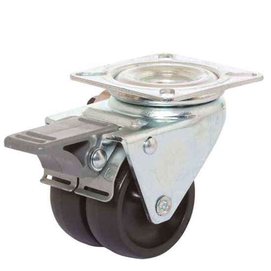 Immagine di RUOTA GEMELLATA IN POLIAMMIDE 6, SUPPORTO ROTANTE PIASTRA E FRENO, COLORE NERO, PORTATA 90 KG, Ø 50X17 MM