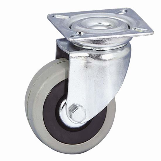 Immagine di RUOTA IN GOMMA GRIGIA, NUCLEO IN POLIPROPILENE C/PARAFILI, SUPPORTO ROTANTE C/ATTACCO A PIASTRA, PORTATA 35 KG, Ø 50 MM