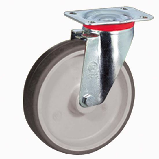 Immagine di RUOTA IN GOMMA TERMOPLASTICA GRIGIA, NUCLEO IN POLIPROPILENE, SUPPORTO ROTANTE PIASTRA, PORTATA 120 KG, Ø 125 MM