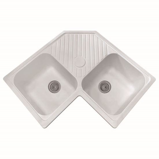 Immagine di LAVELLO ANGOLO ATLANTIC, IN FRAGRANITE, 2 VASCHE, CON GOCCIOLATOIO, 83X50 CM, COLORE BIANCO 