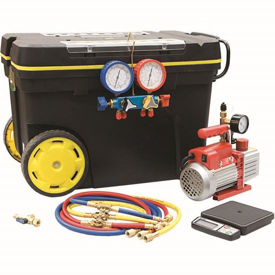 Immagine di STAZIONE DI VUOTO E CARICA, PER GAS R410A, R407C, R134A E R404A, POMPA VUOTO, BILANCIA 5 KG, GRUPPO MANOMETRICO A 4 VIE