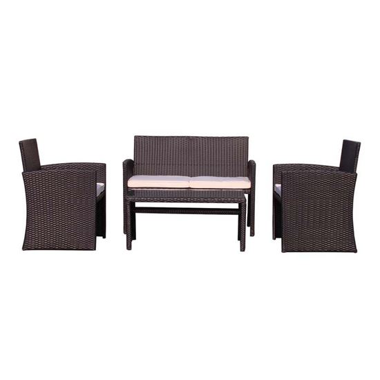 Immagine di SET RATTAN, COMPOSTO DA: TAVOLINO TOP IN VETRO, DIVANO 2 POSTI, DIVANO 1 POSTO, COLORE NERO, CUSCINI ECRÙ