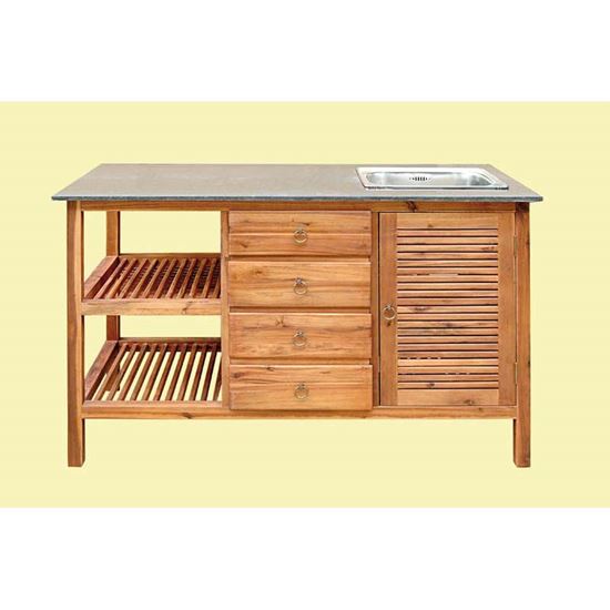 Immagine di MOBILE LAVELLO, IN ACACIA, PIANO IN MARMO, LAVABO E SCARICO CON PILETTA, 4 CASSETTI, 1 SPORTELLO, 62X133XH86 CM