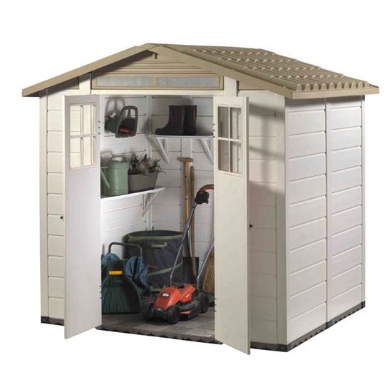 Immagine di CASETTA DA ESTERNO TUSCANY IN PVC A DOGHE, 200X160X217 CM, PAVIMENTO CON PIASTRELLE, TETTO MONOBLOCCO, COL. BEIGE