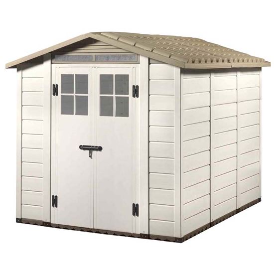 Immagine di CASETTA DA ESTERNO TUSCANY IN PVC A DOGHE 240X200X216 CM, PAVIMENTO CON PIASTRELLE, TETTO MONOBLOCCO 4 PZ, COL. BEIGE