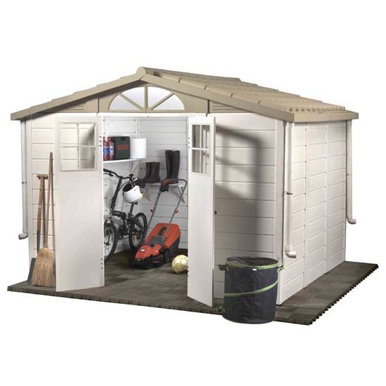 Immagine di CASETTA DA ESTERNO TUSCANY IN PVC A DOGHE 280X240X223 CM, PAVIMENTO CON PIASTRELLE, TETTO MONOBLOCCO 4 PZ, COL. BEIGE