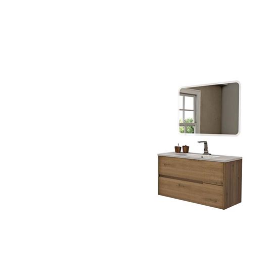 Immagine di MOBILE BAGNO KOS 100 CM, LAVABO IN RESINA 101X46 CM, 2 CASSETTI SOFT CLOSE, SPECCHIO LAURA 95X70 CM, SATINATO CON ILLUMINAZIONE LED, COLORE PINO